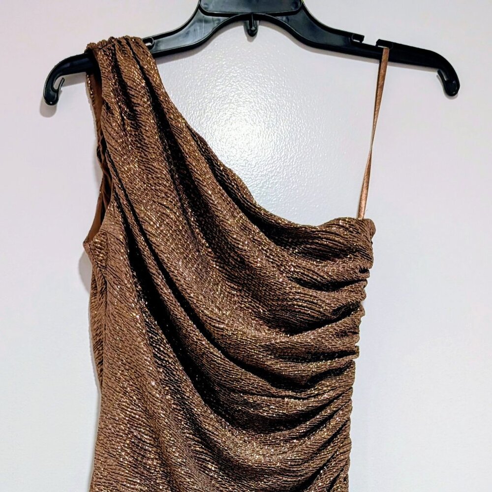 NWOT, Lauren Ralph Lauren copper bronze brown metallic one-shoulder dress, Sz 2